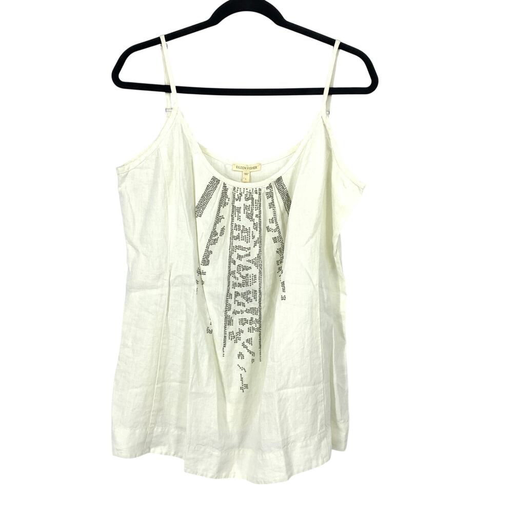 Eileen Fisher Tank Womens Large White Spaghetti Straps Metallic Beaded Front